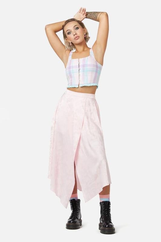 Image of a model wearing Skirts. Productname: Follow The Illusion Skirt in Pink colour by brand - Dangerfield