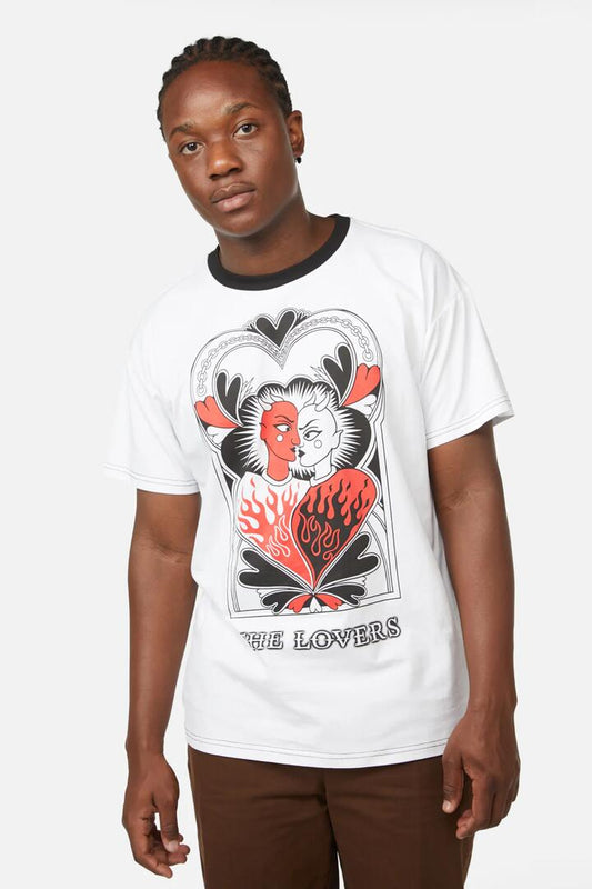 Image of a model wearing Tops. Productname: The Lovers Print Tee in White colour by brand - Dangerfield