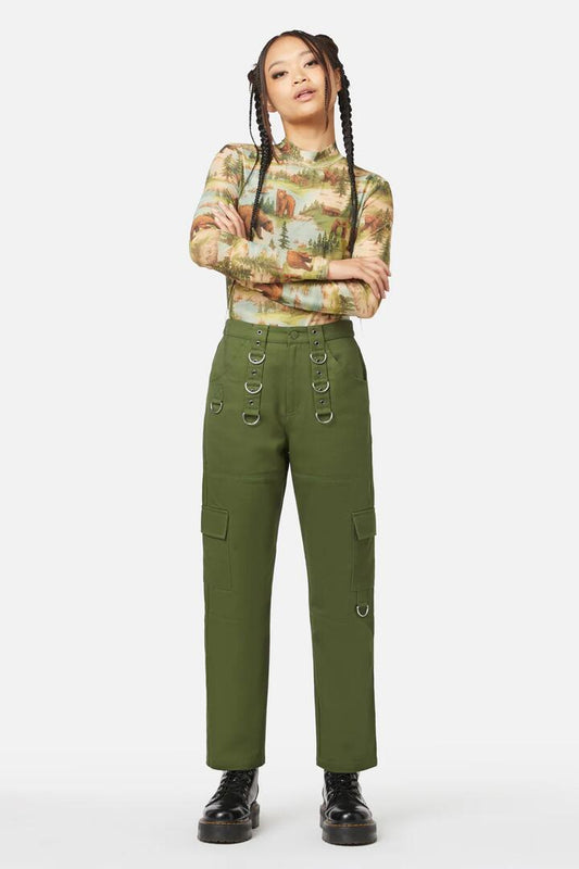Image of a model wearing Pants. Productname: Landscape Pant in Green colour by brand - Dangerfield