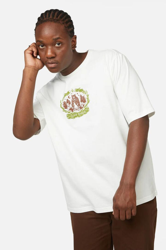 Image of a model wearing Tops. Productname: Camp Danger Unisex Tee in Cream colour by brand - Dangerfield