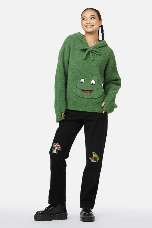 Image of a model wearing Outerwear. Productname: Frog Knit Hoodie in Green colour by brand - Black Friday
