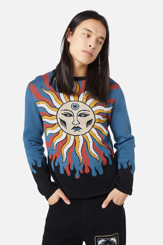 Image of a model wearing Outerwear. Productname: Traditional Tarot Knit Jumper in Blue colour by brand - Dangerfield