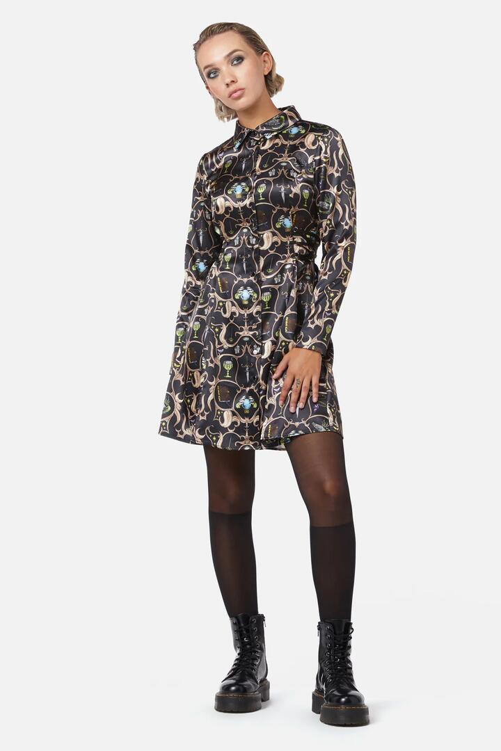 Image of a model wearing Dress. Productname: Ceremonial Printed Shirt Dress in Multi colour by brand - Dangerfield
