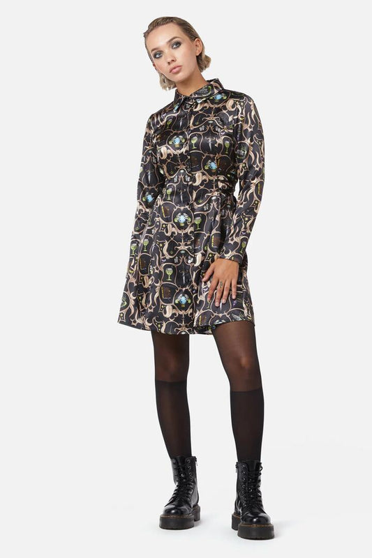 Image of a model wearing Dress. Productname: Ceremonial Printed Shirt Dress in Multi colour by brand - Dangerfield