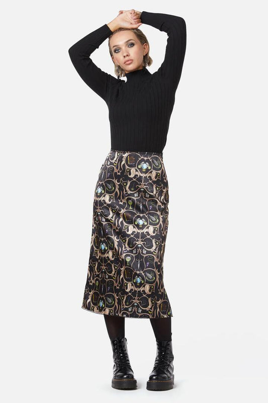 Image of a model wearing Skirts. Productname: Ceremonial Midi Skirt in Black colour by brand - Dangerfield