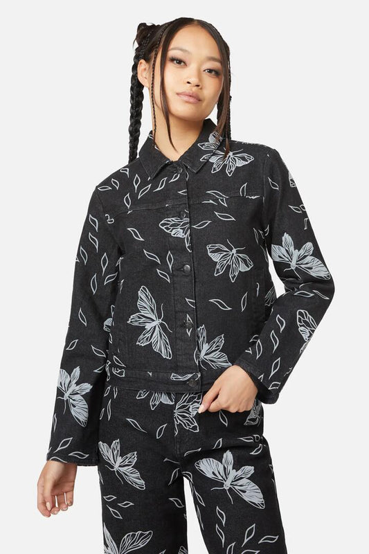 Image of a model wearing Outerwear. Productname: Larvae Flocked Jacket in Black colour by brand - Black Friday