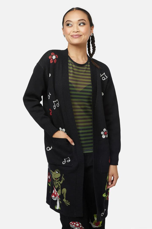 Image of a model wearing Outerwear. Productname: Froggy Picnic Cardigan in Black colour by brand - Black Friday