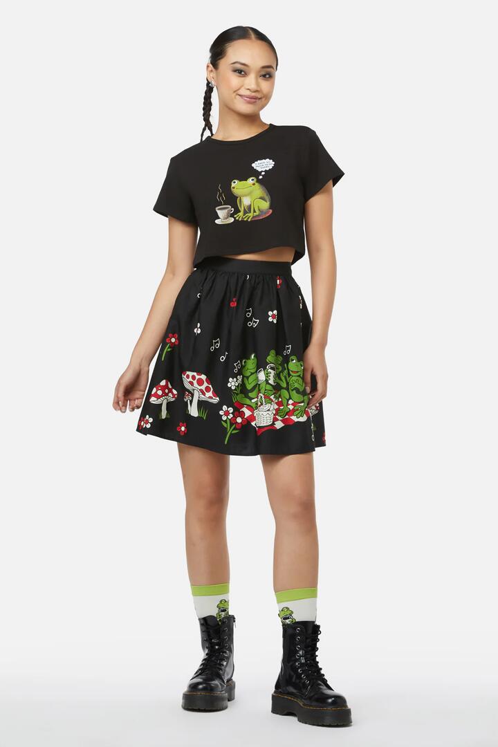 Image of a model wearing Skirts. Productname: Froggy Picnic Skirt in Black colour by brand - Black Friday