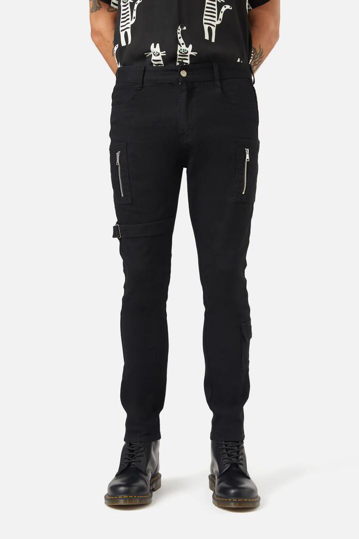 Image of a model wearing Denim. Productname: Fighting Evil Utility Skinny Jean in Black colour by brand - Dangerfield