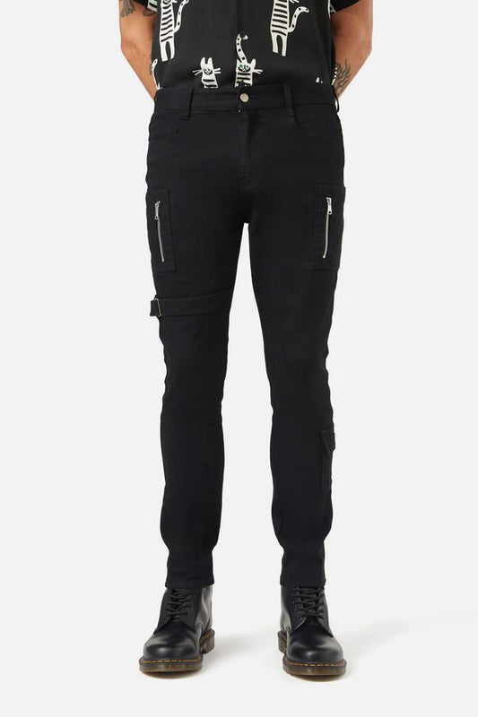 Image of a model wearing Denim. Productname: Fighting Evil Utility Skinny Jean in Black colour by brand - Dangerfield
