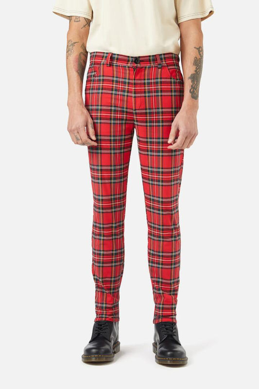 Image of a model wearing Pants. Productname: Chosen Tartan Unisex Pant in Red colour by brand - Dangerfield