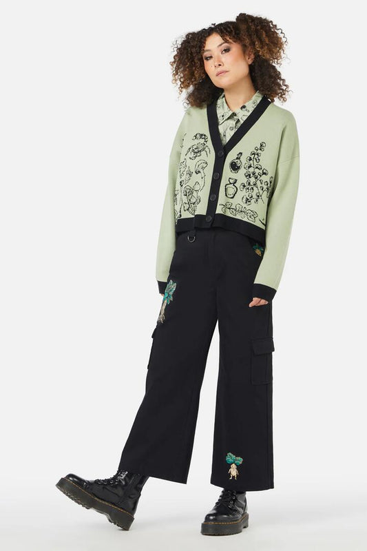 Image of a model wearing Outerwear. Productname: Sprouted Flora Cardi in Sage colour by brand - Black Friday