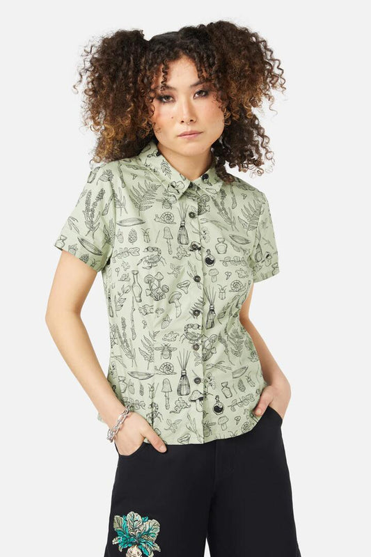 Image of a model wearing Tops. Productname: Sprouted Flora Blouse in Sage colour by brand - Black Friday