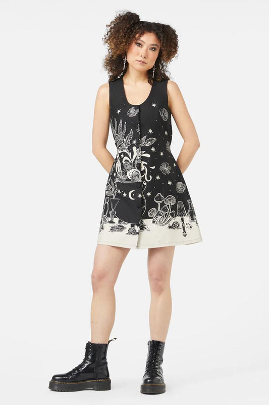 Image of a model wearing Dress. Productname: Witches Room Pinafore in Black colour by brand - Black Friday