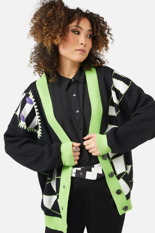 Image of a model wearing Outerwear. Productname: R.I.P Cardigan in Black colour by brand - Black Friday
