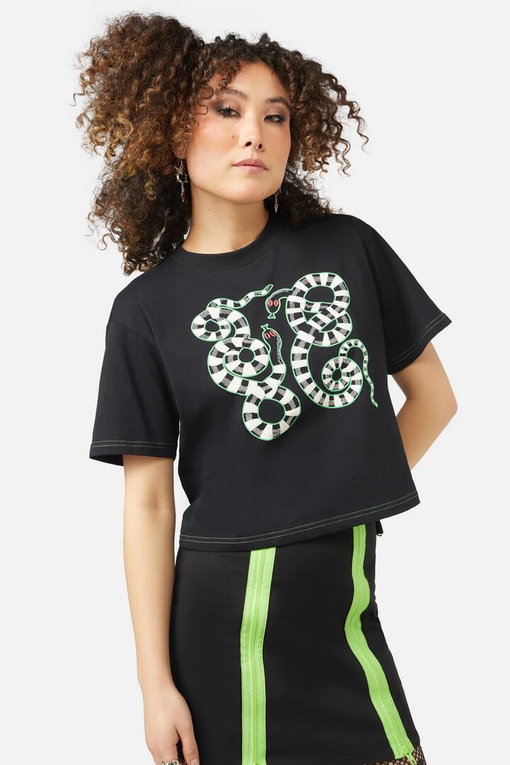 Image of a model wearing Tops. Productname: Besties Tee in Black colour by brand - Black Friday