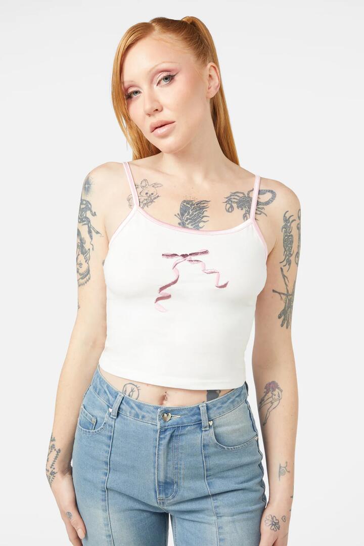 Image of a model wearing Tops. Productname: Lucid Dreams Tank in Pink/Cream colour by brand - Dangerfield