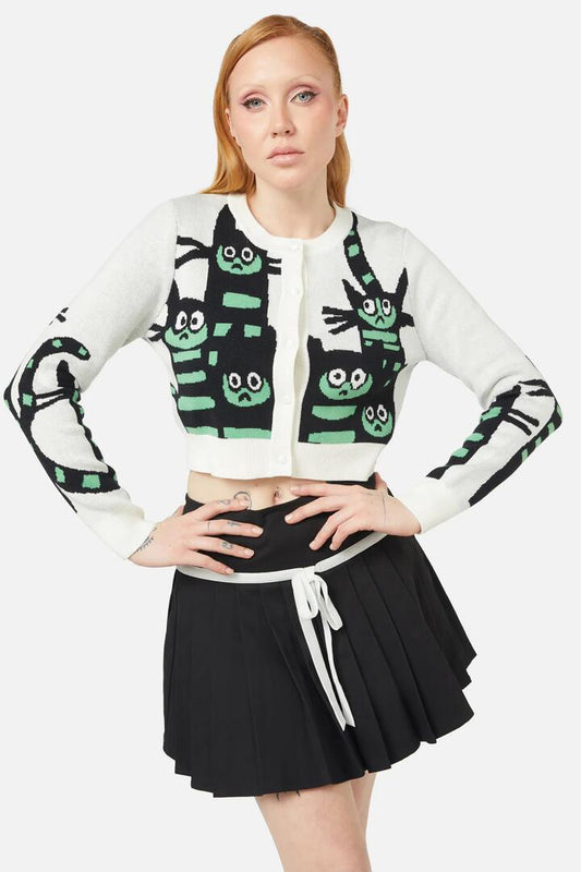 Image of a model wearing Outerwear. Productname: Peculiar Puss Cardi in Cream colour by brand - Dangerfield