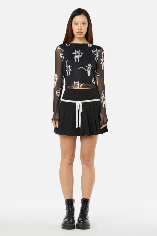 Image of a model wearing Tops. Productname: Peculiar Puss Top in Black colour by brand - Dangerfield