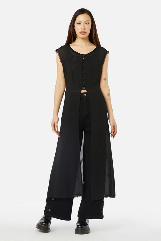 Image of a model wearing Dress. Productname: Discord Sheer Duster in Black colour by brand - Dangerfield