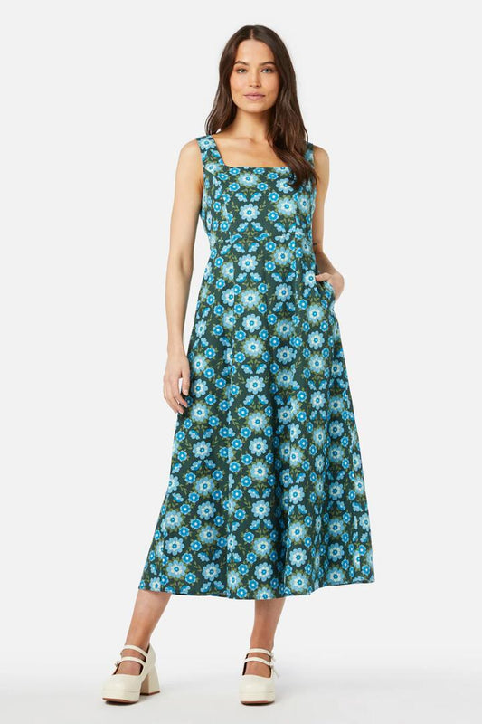 Image of a model wearing Dress. Productname: Folk Floral Midi Dress in Green colour by brand - Princess Highway