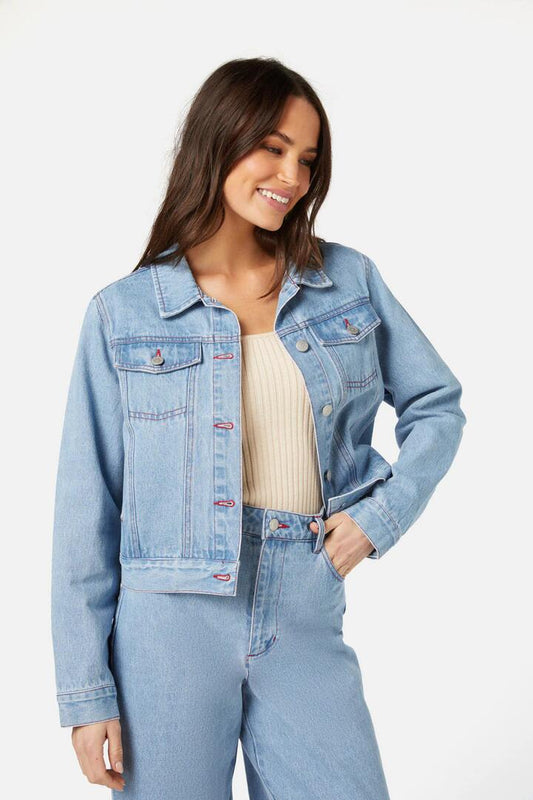 Image of a model wearing Denim. Productname: Sasha Denim Jacket in Light Denim colour by brand - Princess Highway