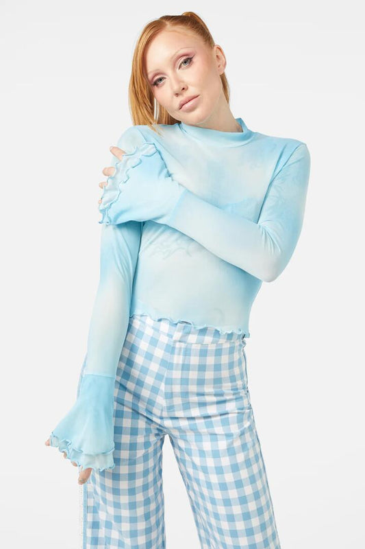 Image of a model wearing Tops. Productname: Sky Gradient Mesh Top in Blue colour by brand - Dangerfield