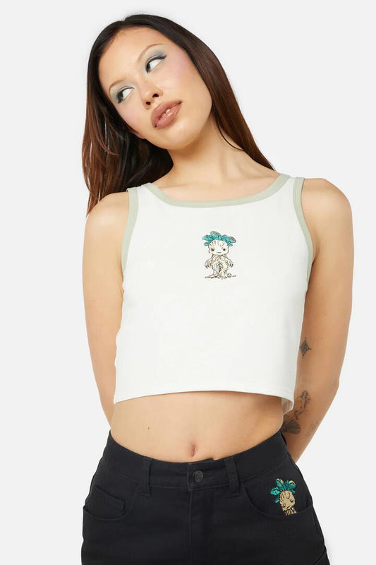Image of a model wearing Tops. Productname: Cutie Mandrake Tank in Cream colour by brand - Black Friday