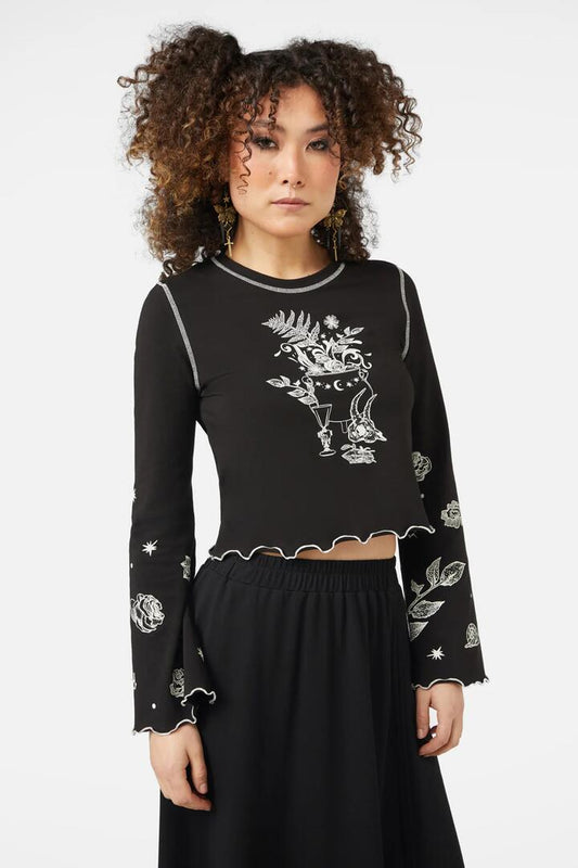 Image of a model wearing Tops. Productname: Witches Room Top in Black colour by brand - Black Friday