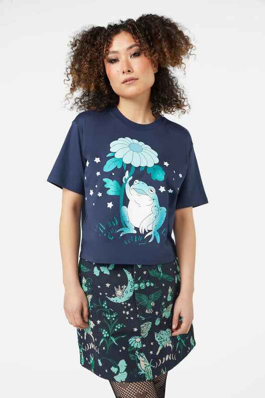 Image of a model wearing Tops. Productname: Nocturnal Frog Tee in Navy colour by brand - Black Friday