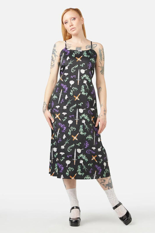 Image of a model wearing Dress. Productname: Slayer Slip Dress in Black colour by brand - Dangerfield