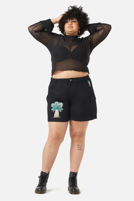 Image of a model wearing Shorts. Productname: Curve Cutie Mandrake Short in Black colour by brand - Black Friday