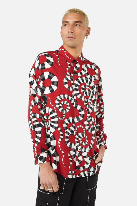 Image of a model wearing Tops. Productname: Poisonous LS Shirt in Red colour by brand - Black Friday