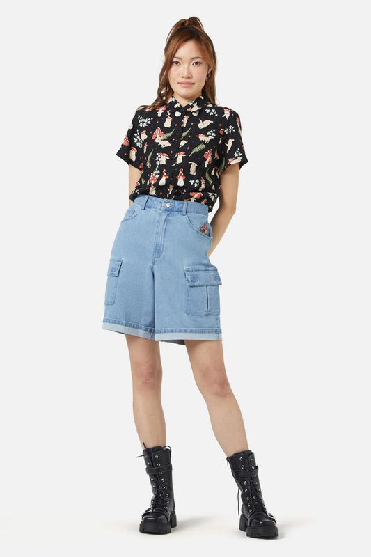 Image of a model wearing Denim. Productname: Field Shroom Denim Shorts in Blue colour by brand - Dangerfield