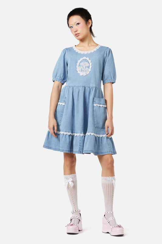 Image of a model wearing Denim. Productname: Field Shroom Denim Dress in Blue colour by brand - Dangerfield