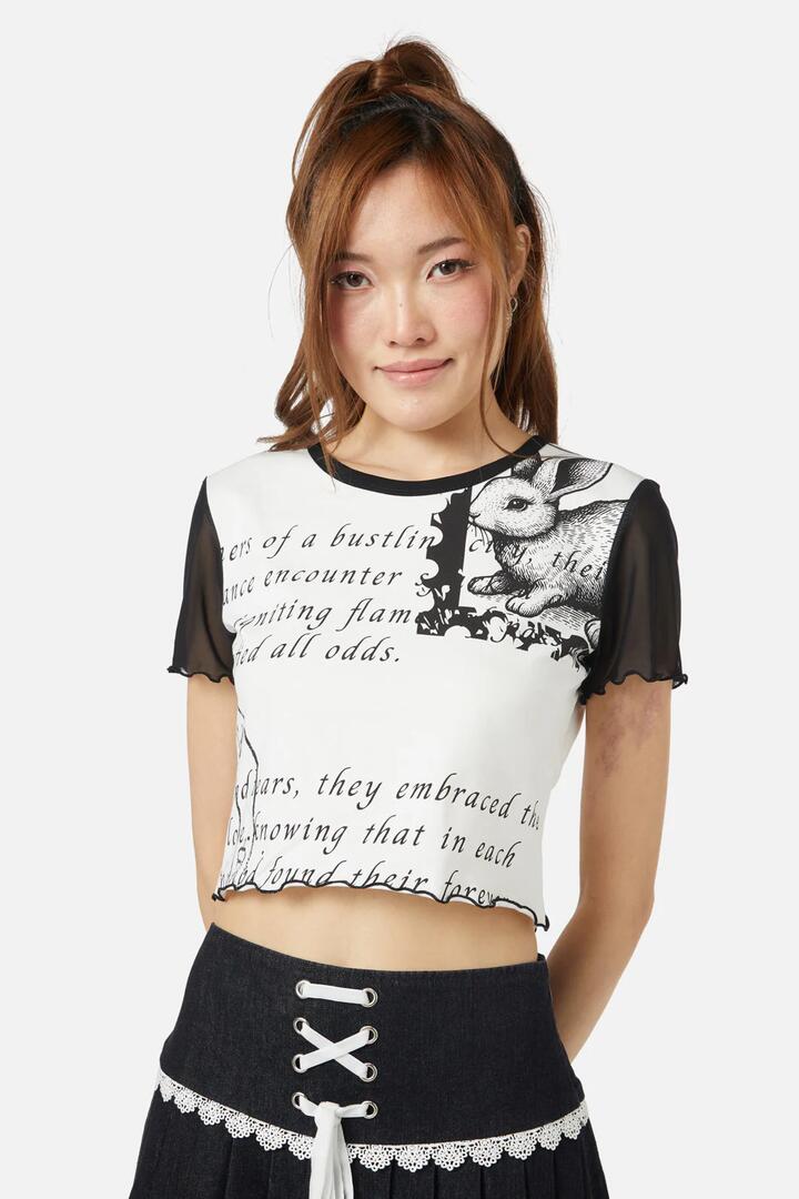 Image of a model wearing Tops. Productname: Old Postal Contrast Baby Tee in White/Black colour by brand - Dangerfield