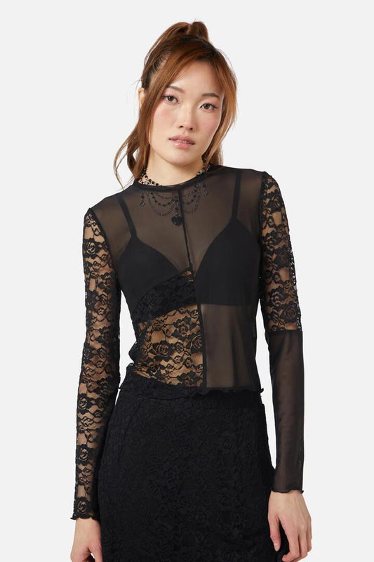 Image of a model wearing Tops. Productname: Lace Splice Mesh Top in Black colour by brand - Dangerfield