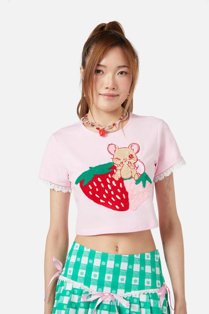 Image of a model wearing Tops. Productname: Ohmeohmy Crop Tee in Pink colour by brand - Dangerfield