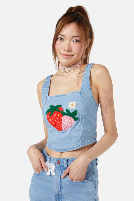 Image of a model wearing Denim. Productname: Crush On U Denim Corset in Blue colour by brand - Dangerfield