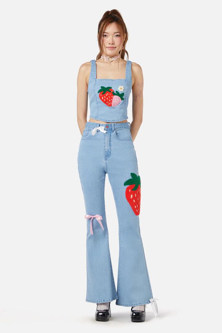 Image of a model wearing Denim. Productname: Crush On U Denim Flares in Blue colour by brand - Dangerfield