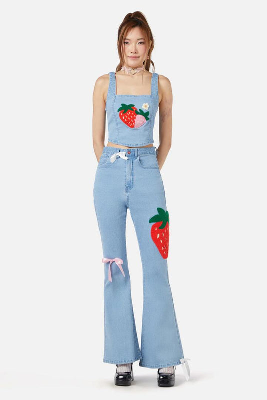 Image of a model wearing Denim. Productname: Crush On U Denim Flares in Blue colour by brand - Dangerfield