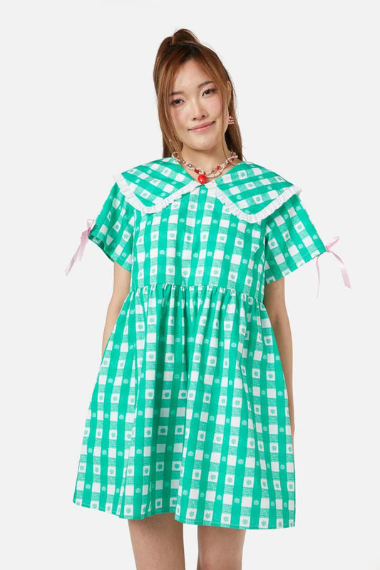 Image of a model wearing Dress. Productname: Crush On U Gingham Babydoll Dress in Green/White colour by brand - Dangerfield