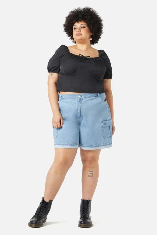 Image of a model wearing Denim. Productname: Curve Field Shroom Denim Short in Blue colour by brand - Dangerfield