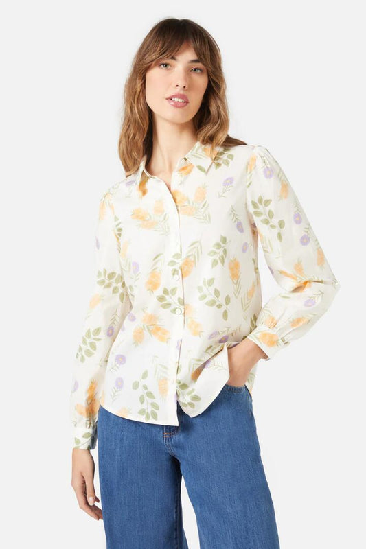 Image of a model wearing Tops. Productname: Wild Flower Shirt in Cream colour by brand - Princess Highway