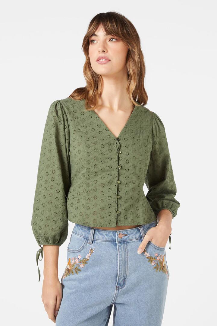 Image of a model wearing Tops. Productname: Cori Top in Olive colour by brand - Princess Highway