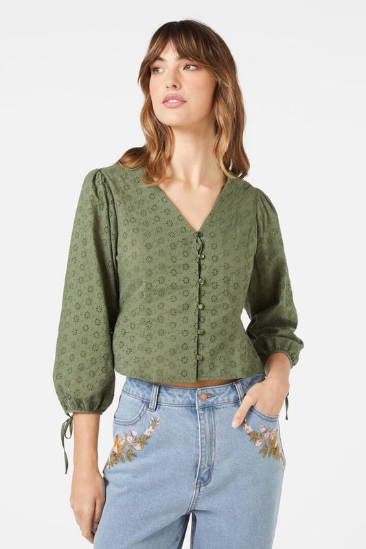 Image of a model wearing Tops. Productname: Cori Top in Olive colour by brand - Princess Highway