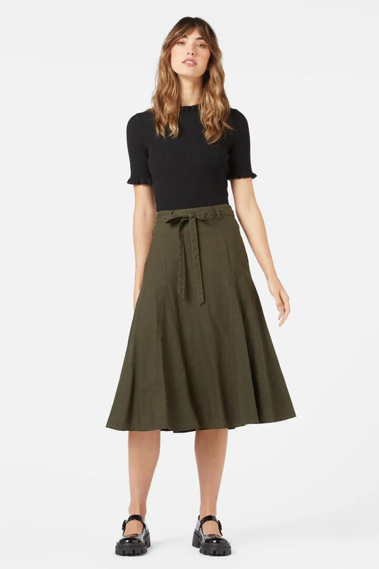 Image of a model wearing Skirts. Productname: Loretta Midi Skirt in Olive colour by brand - Princess Highway