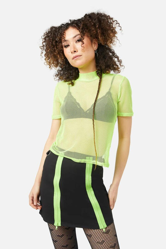 Image of a model wearing Tops. Productname: Acid Mesh Top in Lime colour by brand - Black Friday