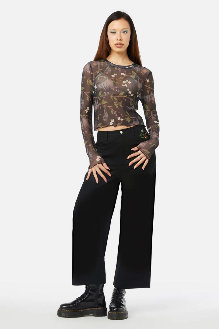 Image of a model wearing Tops. Productname: Old World Mesh Top in Black colour by brand - Dangerfield
