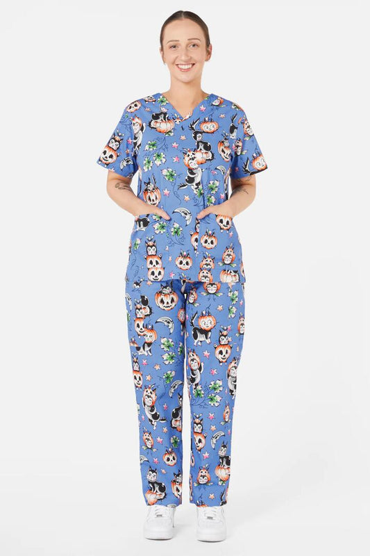 Image of a model wearing Uniforms & Workwear. Productname: Pumpkin Kitty Scrub Set in Blue colour by brand - Scrubs With Love